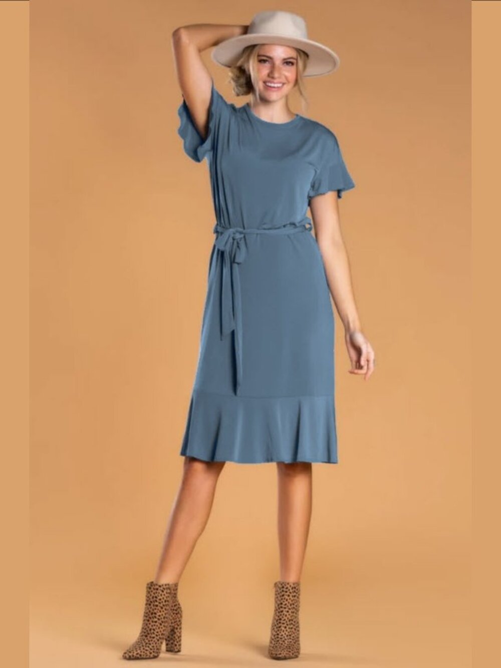 Brigitte Brianna Blue Venice Ruffle-Hem Dress, size M